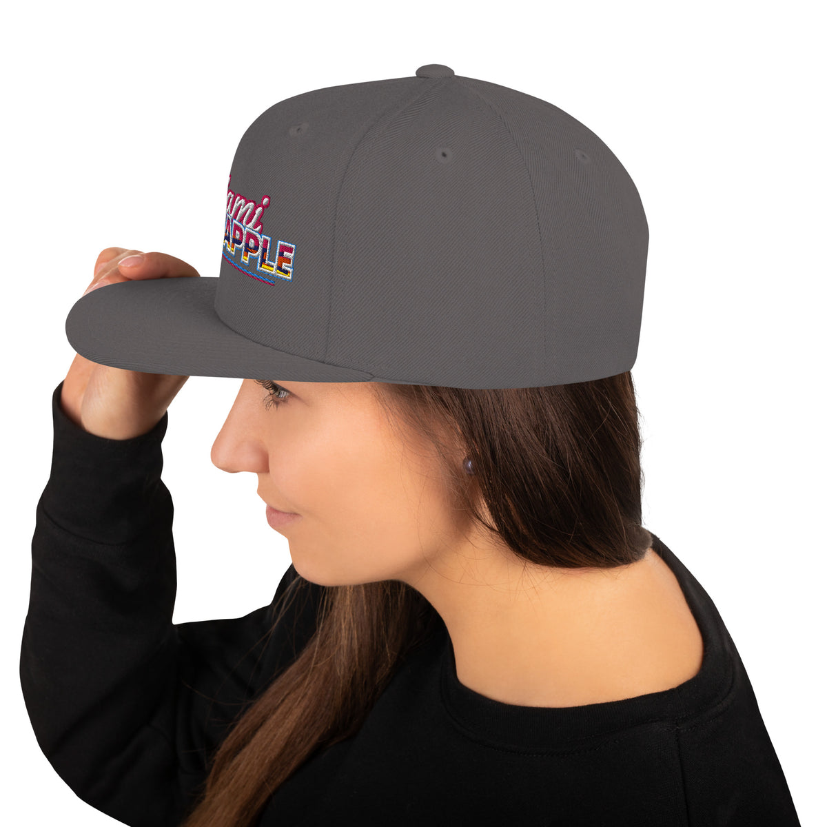 Dark Grey flat-brim snapback hat with embroidered Miami P.I.NEAPPLE pineapple logo