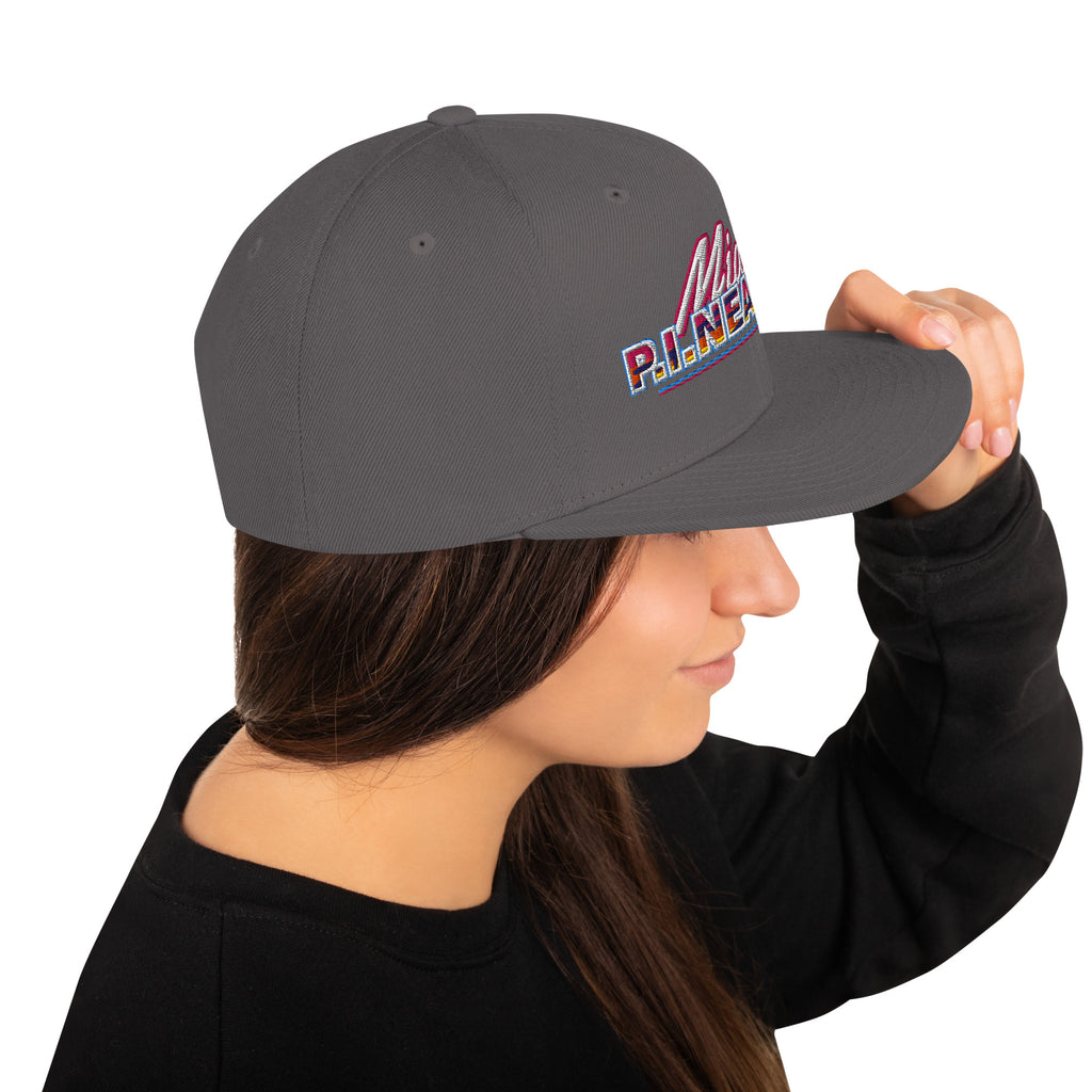 Dark Grey flat-brim snapback hat with embroidered Miami P.I.NEAPPLE pineapple logo