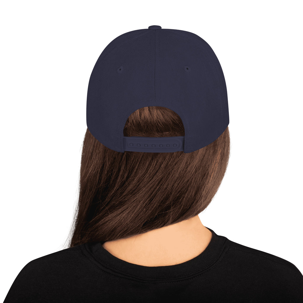 Navy flat-brim snapback hat with embroidered Miami P.I.NEAPPLE pineapple logo