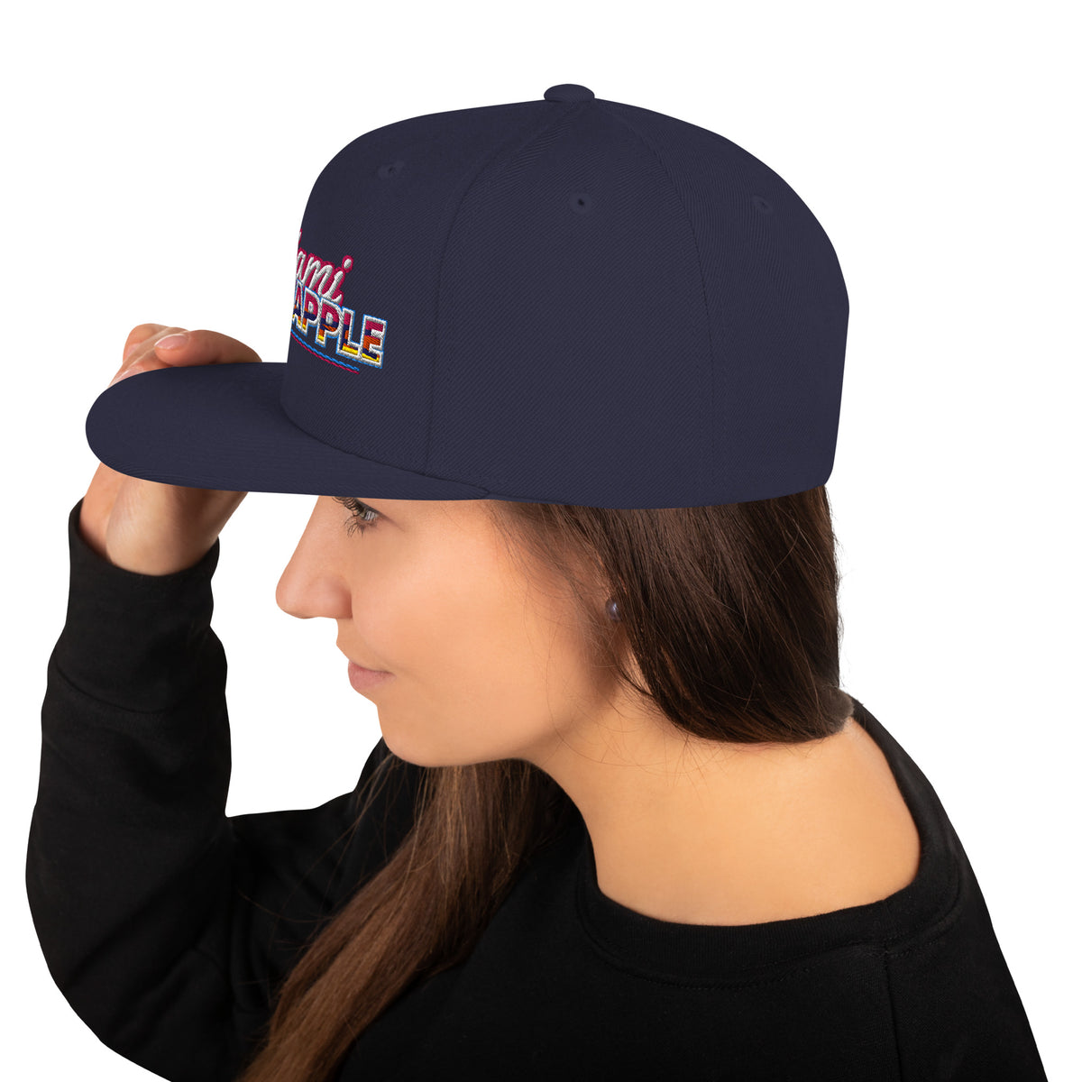 Navy flat-brim snapback hat with embroidered Miami P.I.NEAPPLE pineapple logo