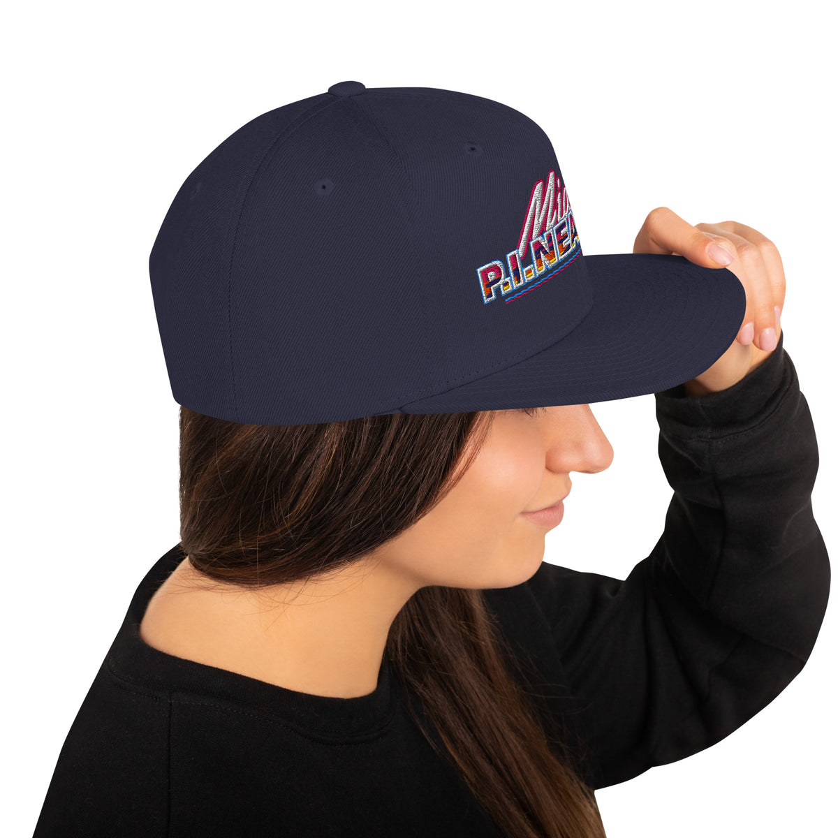 Navy flat-brim snapback hat with embroidered Miami P.I.NEAPPLE pineapple logo