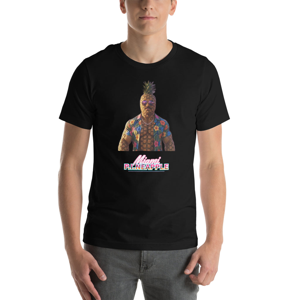 Men's Black t-shirt with a pineapple character bust print — Miami P.I.NEAPPLE Bust Tee