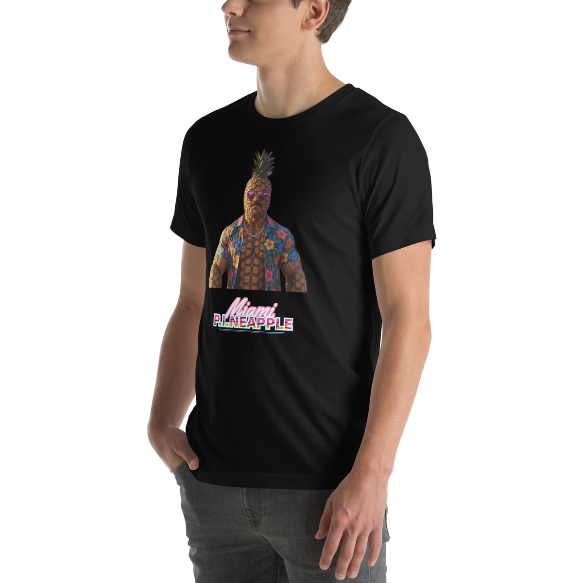 Men's Black t-shirt with a pineapple character bust print — Miami P.I.NEAPPLE Bust Tee