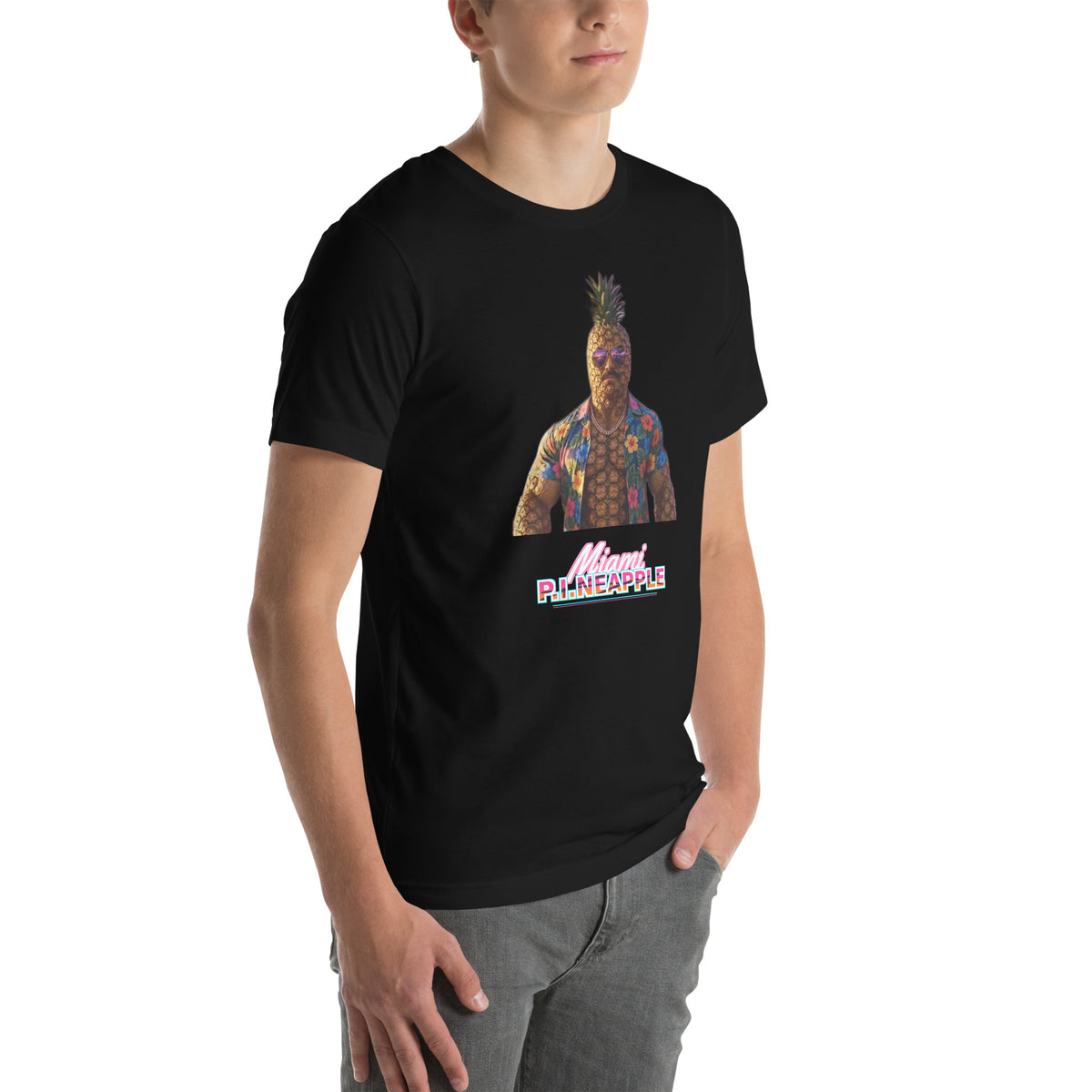 Men's Black t-shirt with a pineapple character bust print — Miami P.I.NEAPPLE Bust Tee