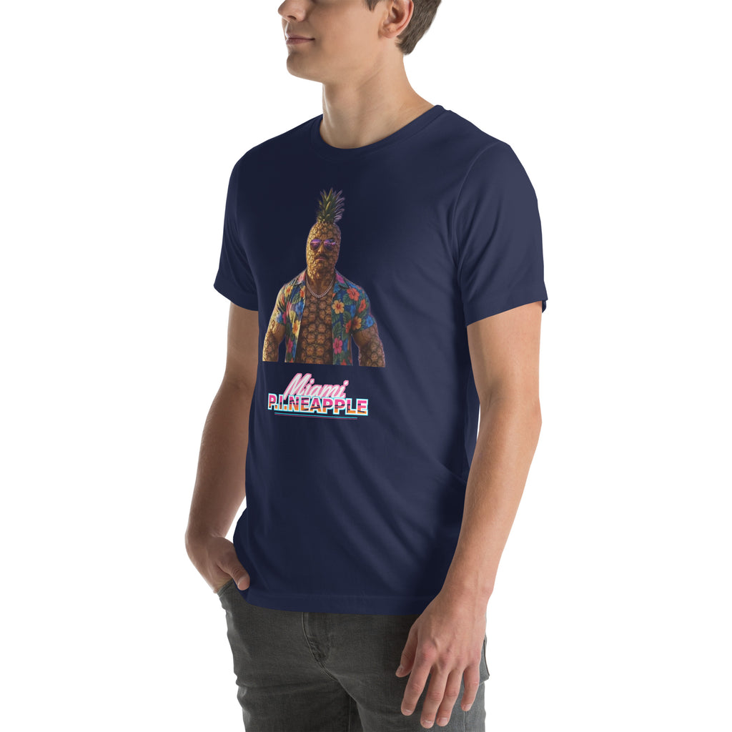 Men's Navy t-shirt with a pineapple character bust print — Miami P.I.NEAPPLE Bust Tee