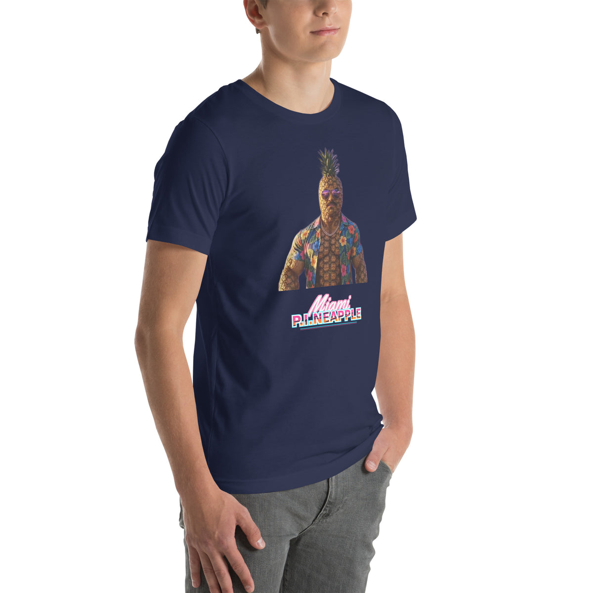 Men's Navy t-shirt with a pineapple character bust print — Miami P.I.NEAPPLE Bust Tee