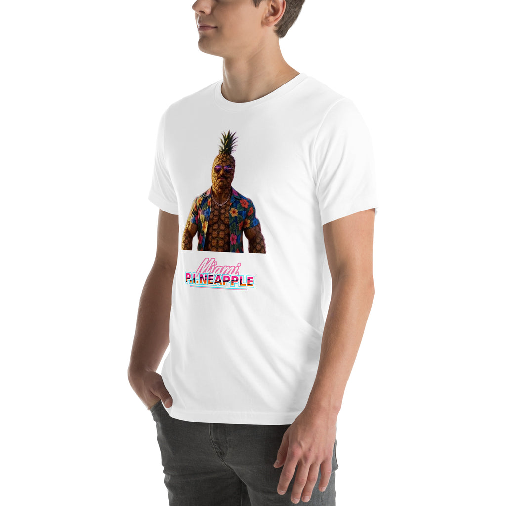 Men's White t-shirt with a pineapple character bust print — Miami P.I.NEAPPLE Bust Tee