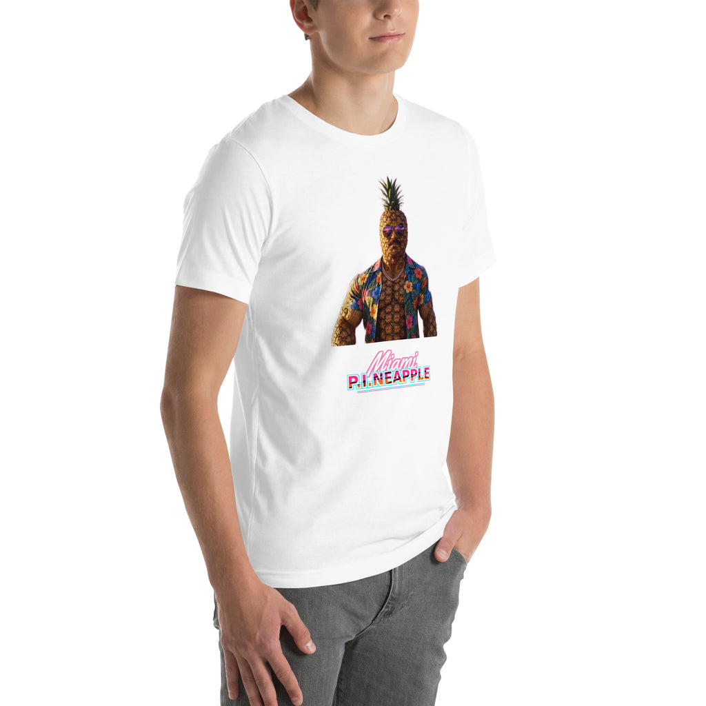 Men's White t-shirt with a pineapple character bust print — Miami P.I.NEAPPLE Bust Tee