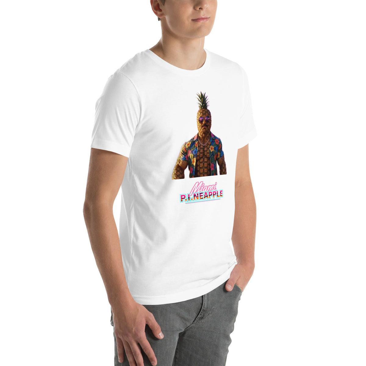Men's White t-shirt with a pineapple character bust print — Miami P.I.NEAPPLE Bust Tee