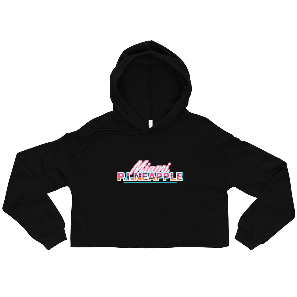 Women's Black cropped hoodie with the Miami P.I.NEAPPLE retro logo print