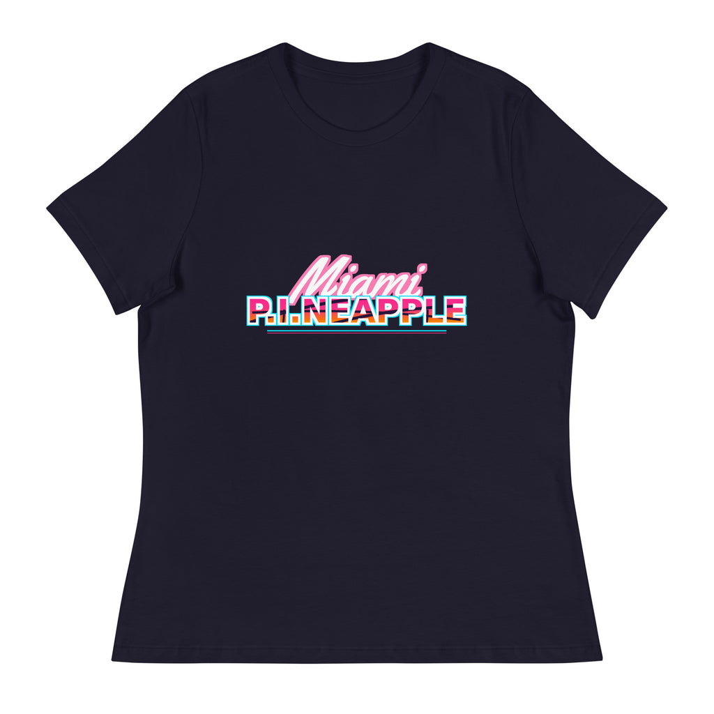 Women's Navy relaxed t-shirt with the Miami P.I.NEAPPLE retro logo print